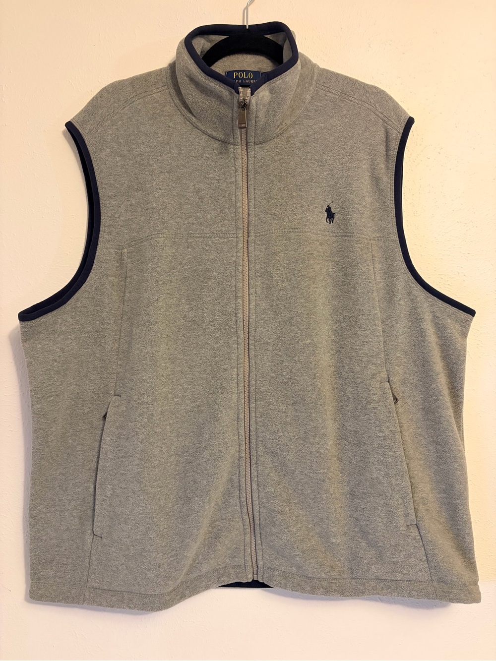 Ralph Lauren Gray Fleece Zip Vest with Navy Trim